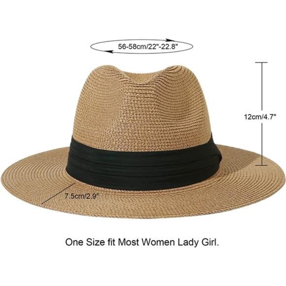Lanzom Women Wide Brim Straw Panama Roll up Hat Belt Buckle Fedora Beach Sun Hat